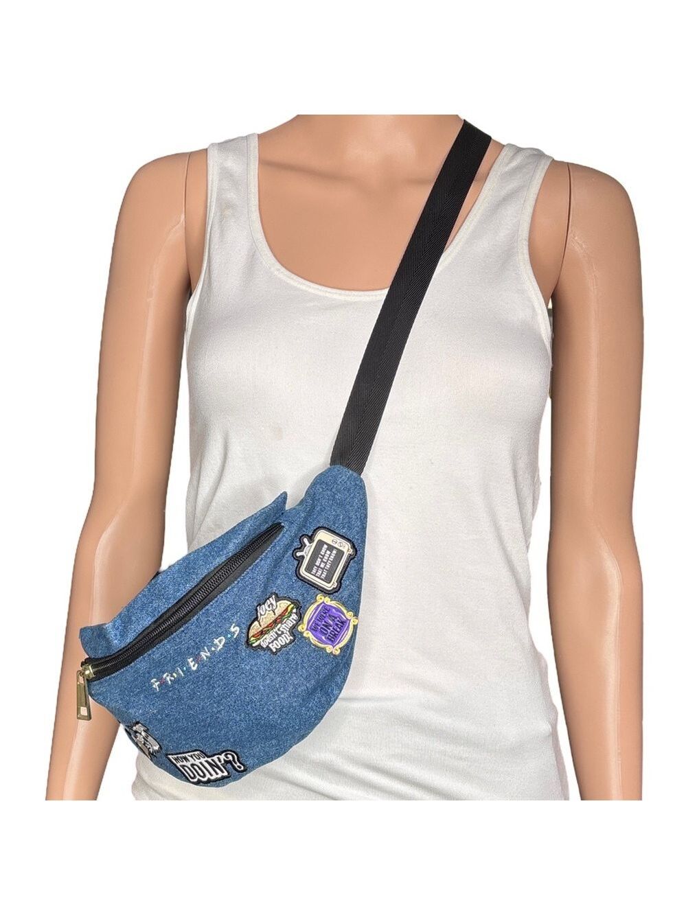 Trendy Blue ‘Friends TV Show’ Crossbody Bag with Patches